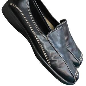 Aerosoles Black Faux Leather Loafer Low Wedge Flat Stitching Square Toe 7W Wide